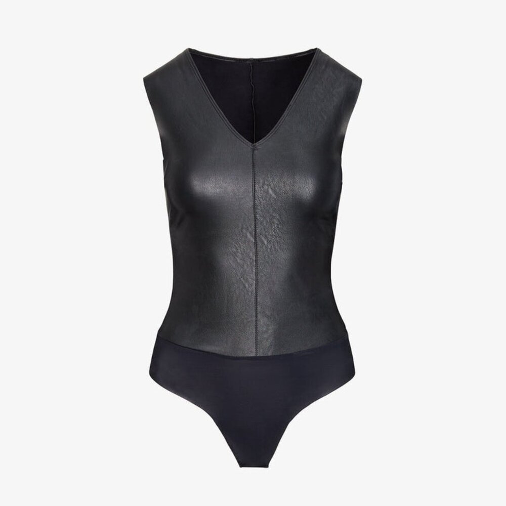 Commando Black Faux Leather V-Neck Bodysuit Size Medium 23243